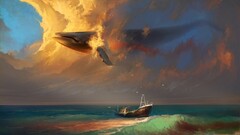 Sea whale flying boat seagulls fantasy art sky Animals horizon