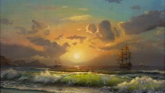 ship painting waves sun clouds beach sky sailing ship