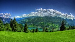 sky clouds Trees switzerland Alps field valley nature Mountains