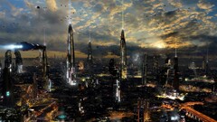 sky futuristic city cityscape science fiction digital art