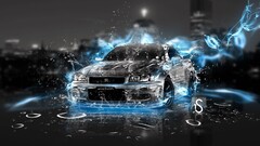 Skyline R34 Car vehicle digital art cyan