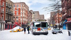 snow cityscape winter new york city buses