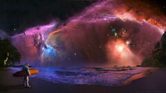 Space galaxy digital art surfboards astronaut colorful beach