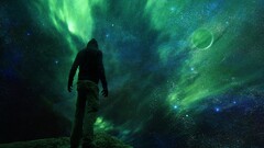 Space Green planet Stars night space art digital art aurorae