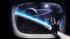 Space Stars planet hands window space art planetary rings cyan