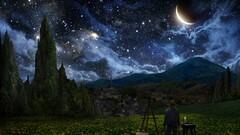 Starry Night artwork night sky moon sky Stars field landscape