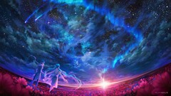 Stars sky Flowers People sunset Anime