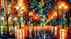 street colorful umbrella Leonid Afremov painting artwork