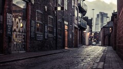 street depth of field England London dark City cobblestone Leeds