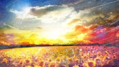 Sunflowers landscape sky sunlight artwork field Flowers colorful