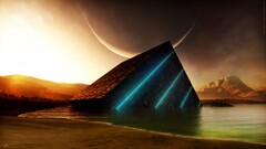 sunset abstract moon science fiction digital art water Cube cyan