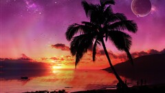 sunset beach digital art space art sky palm trees clouds nature