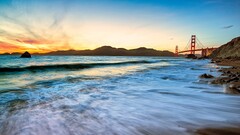 sunset beach golden gate bridge USA Sea