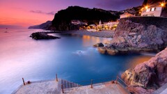 sunset coast Sea town building lights water landscape City sky