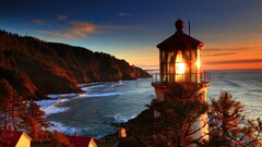 sunset lighthouse cliff landscape Heceta Head Light Oregon USA