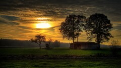sunset nature Trees sunlight landscape sky clouds barn