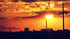 sunset skyscape factory tubes power lines morning sky
