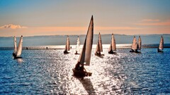 sunset sunlight landscape nature Sea boat Sailboats