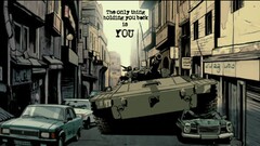 tank cartoon humor artwork Typography Beige frontal view urban