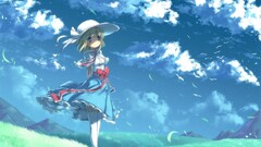 thigh highs Anime anime girls sky outdoors clouds blonde hat