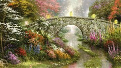 Thomas Kinkade painting Bridge Flowers stream lantern