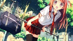 tie miniskirt anime girls open mouth pink eyes outdoors Anime