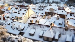 tilt-shift snow House rooftops cityscape winter bird's-eye view