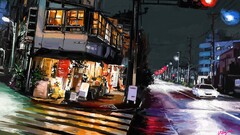 Tokyo painting artwork lights road rain cityscape urban