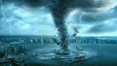 tornado digital art cityscape Sea boat apocalyptic storm