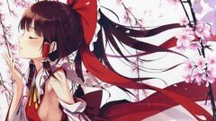 touhou hakurei reimu closed eyes red ribbon miko cherry blossom