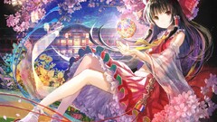 touhou hakurei reimu Trees petals water sky anime girls Anime
