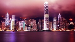 town lights red water cityscape digital art Hong Kong Asia China