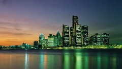 town water lights reflection building detroit cityscape