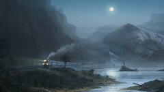 train painting night moon artwork dark steam locomotive nature