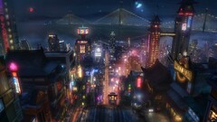 tram City artwork Neon lights street Bridge Asia cityscape night