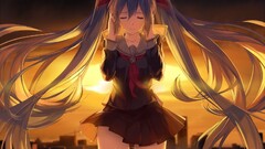 twintails school uniform skyline evening closed eyes Anime
