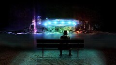 UFO cityscape digital art bench