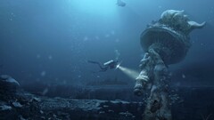 underwater Statue of Liberty futuristic digital art Divers