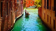 venice canal gondolas water cityscape Italy Green boat Bricks