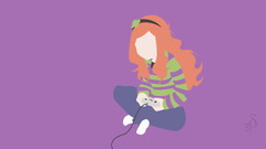 Vivian James Green purple purple background legs crossed redhead