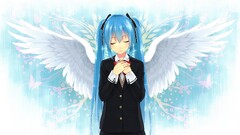 vocaloid hatsune miku wings closed eyes cyan