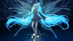 vocaloid hatsune miku wings open mouth Flowers tie Anime cyan