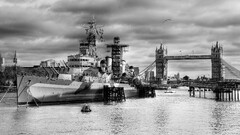 warship Tower Bridge London monochrome military ship