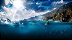 water iceberg sun clouds split-view Sea landscape underwater
