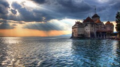 water Sea clouds castle sunlight switzerland sun rays waves
