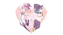 white background heart pink hair blue hair witch hat wand Anime