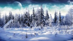 winter moon Trees snow Mountains nature digital art planet