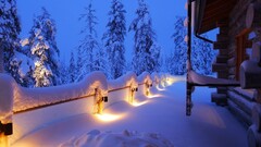 winter snow hut lights Trees