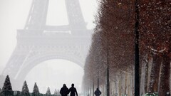 winter snow Paris Eiffel Tower France construction urban Trees