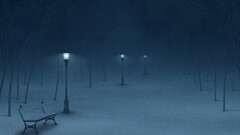 winter street light bench mist snow lantern Park artwork snowing